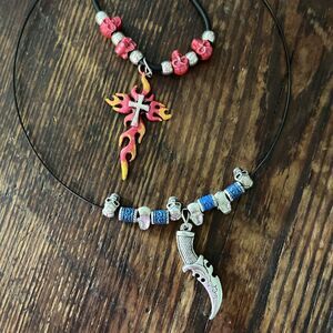 Knife Choker Necklace Dagger  Cross Flames Cord Bundle 2pc Skulls